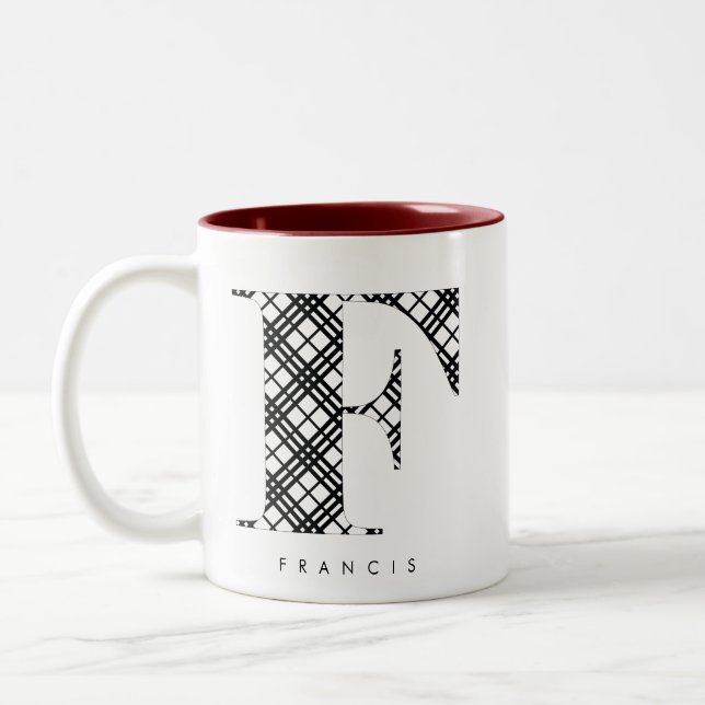 Black & White Plaid Letter F Two-Tone Coffee Mug (Left)