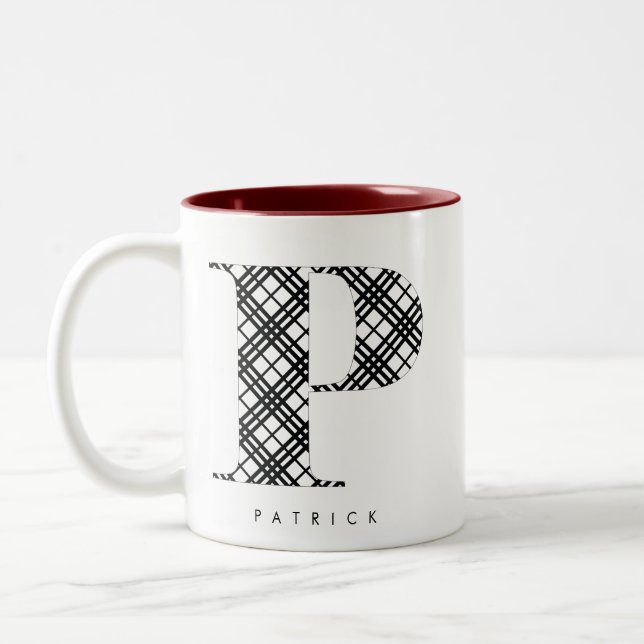 Black & White Plaid Letter P Two-Tone Coffee Mug (Left)