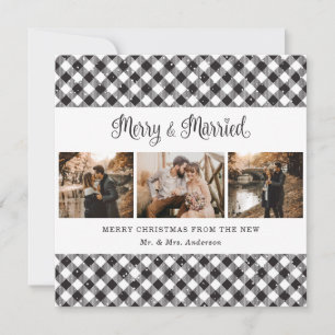 Black White Plaid Merry and Married Christmas Card