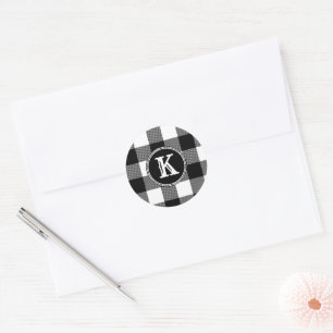 Black White Plaid Monogram Classic Round Sticker