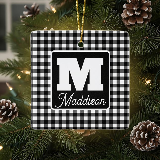 Black & White Plaid Monogram Name Christmas  Ceramic Ornament (Creator Uploaded)