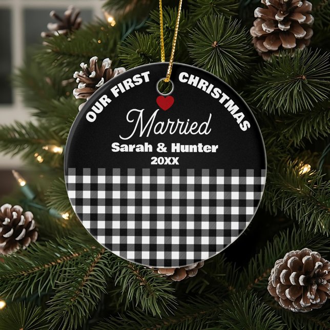 Black & White Plaid Our 1st Christmas Married Ceramic Ornament (Creator Uploaded)