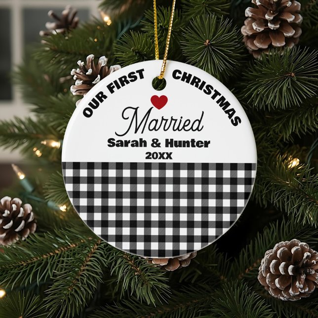 Black & White Plaid Our First Christmas Married Ceramic Ornament (Creator Uploaded)