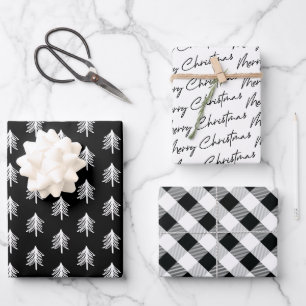 Black White Plaid Pattern Christmas Wrapping Paper Sheet