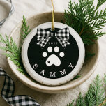 Black White Plaid Paw Print Pet Photo Wood Slice Ceramic Ornament<br><div class="desc">Add a rustic charm to your Christmas tree with our pet ornament featuring a rustic faux birch wood slice background decorated with a buffalo black and white bow and white paw print. Customize with your pet's name and year. The reverse side features a place to add your pet's photo. Designed...</div>