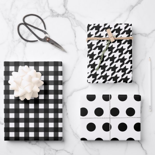 Black White Plaid Polka Dot Houndstooth Wrapping Paper Sheet (Front)