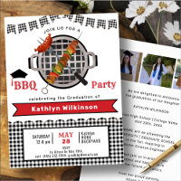 Black White Plaid Red 3 Photo Graduation BBQ Party