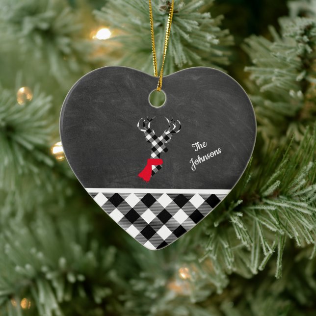 Black White Plaid Reindeer Chalkboard Personalized Ceramic Ornament (Tree)