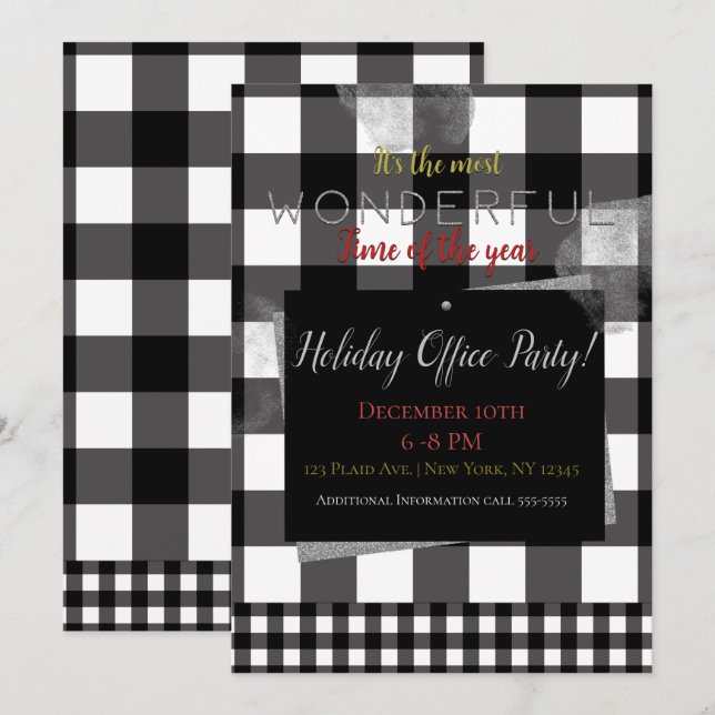 Black & White Plaid Simple Minimal Holiday Party Invitation (Front/Back)
