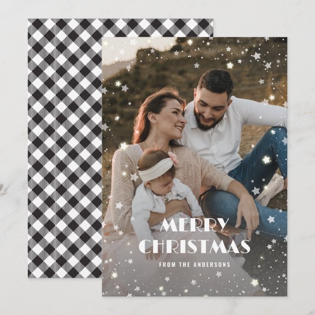 Black White Plaid Snow Photo Merry Christmas Holiday Card (Front/Back)