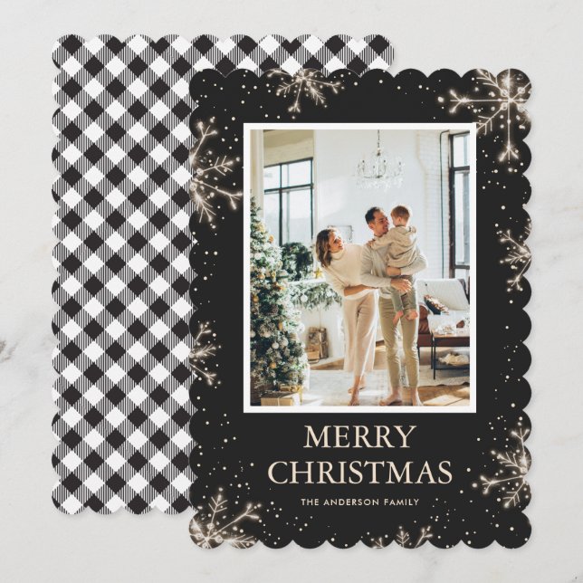 Black White Plaid Snowflake Photo Merry Christmas Holiday Card (Front/Back)