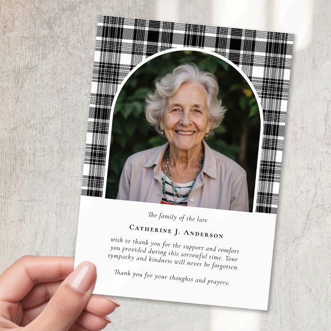 Black White Plaid Sympathy Photo Funeral Thank You Card (Creator Uploaded)