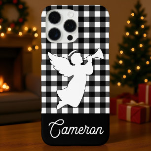 Black & White Plaid with Angel Custom Name iPhone 16 Pro Max Case