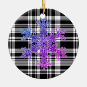 Black White Plaid with purple snow flake detail Ceramic Ornament