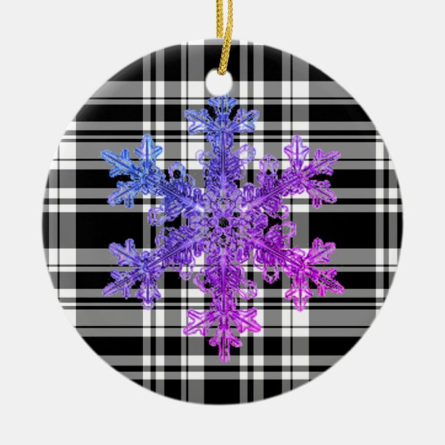 Black White Plaid with purple snow flake detail Ceramic Ornament (Front)