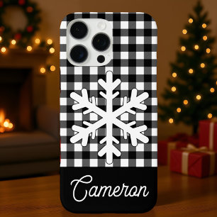 Black & White Plaid with Snowflake Custom Name iPhone 16 Pro Max Case