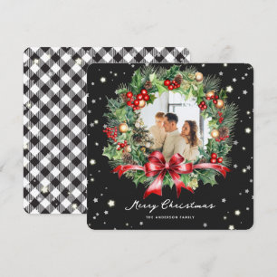 Black White Plaid Wreath Photo Merry Christmas Holiday Card