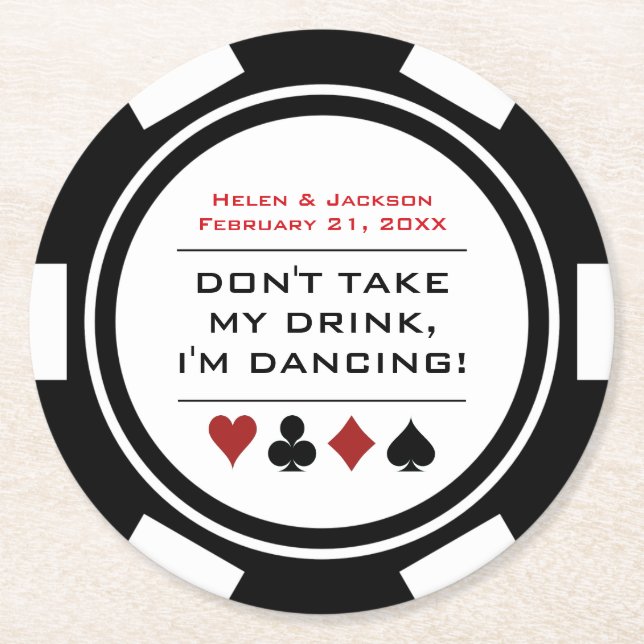Black White Poker Chip Dancing Leave Drink Wedding Round Paper Coaster (Front)