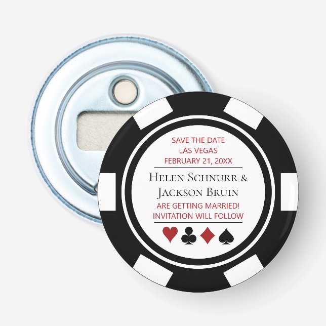 Black White Poker Chip Save The Date Vegas Wedding Bottle Opener (Front)