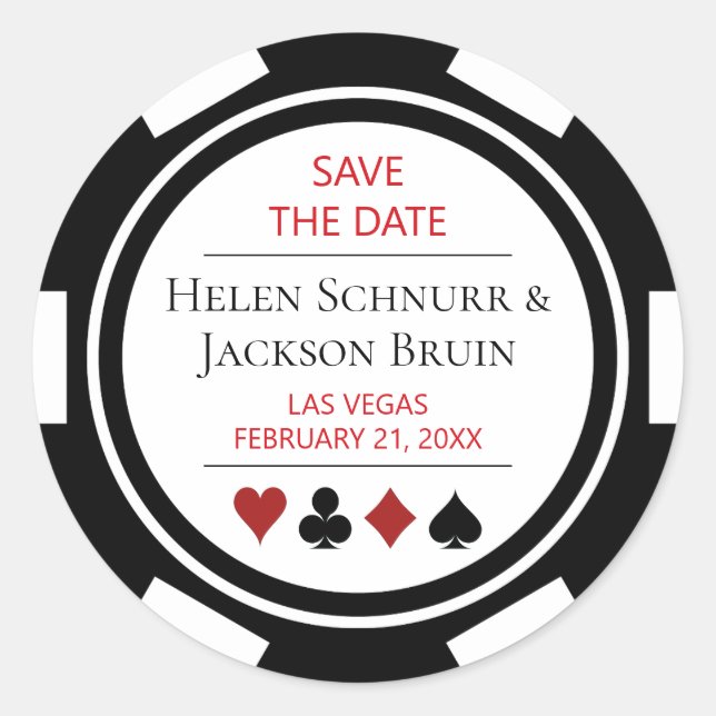 Black White Poker Chip Wedding Save The Date Classic Round Sticker (Front)