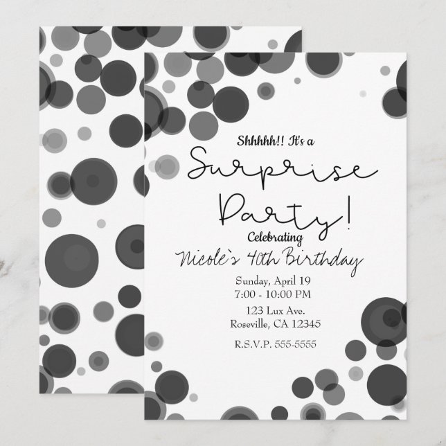 Black White Polka Dot Bubbles Surprise Party Invitation (Front/Back)