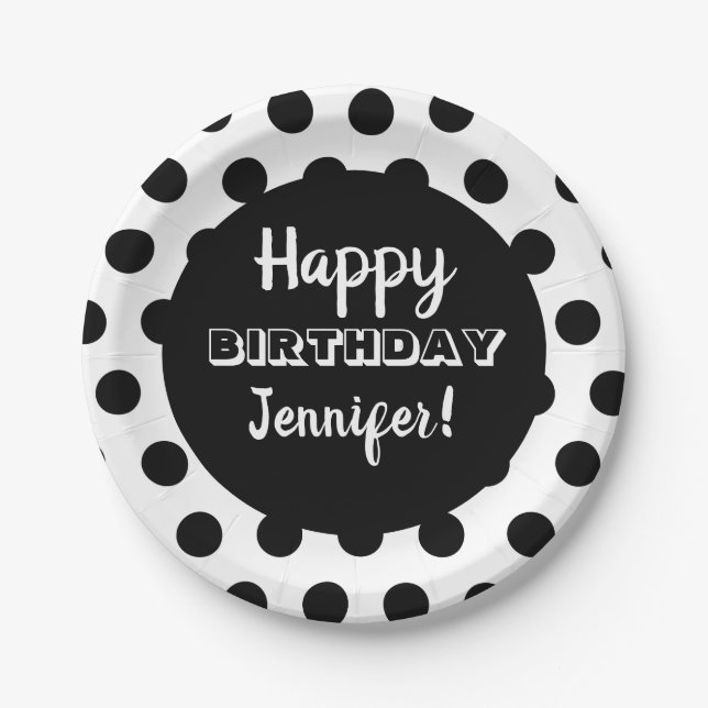 Black & White Polka Dot Custom Birthday Paper Plate (Front)