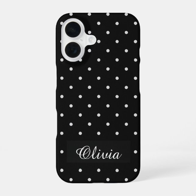 Black & White Polka Dot Custom Name iPhone 16 Case (Back)