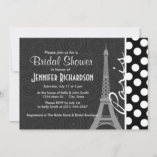 Black & White Polka Dot, Dots; Paris Invitation (Front)