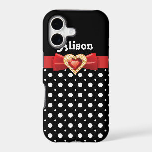 Black white polka dot pattern & red bow and jewel