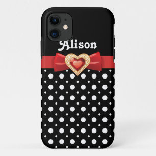 Black white polka dot pattern & red bow and jewel iPhone 11 case