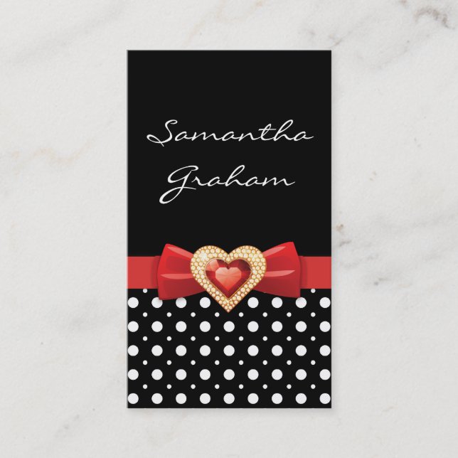 Black white polka dot pattern with red bow & jewel business card (Front)