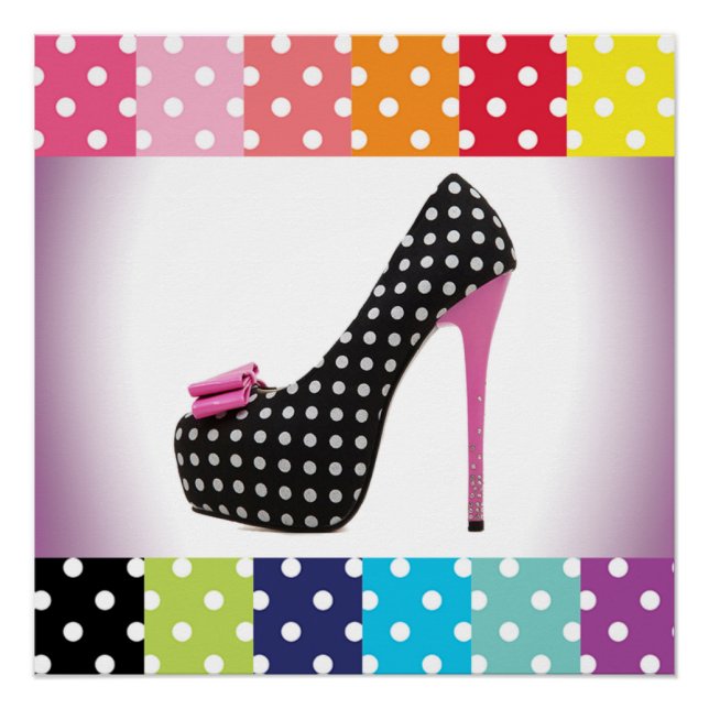 Black & White Polka Dot Pink High Heel Poster (Front)