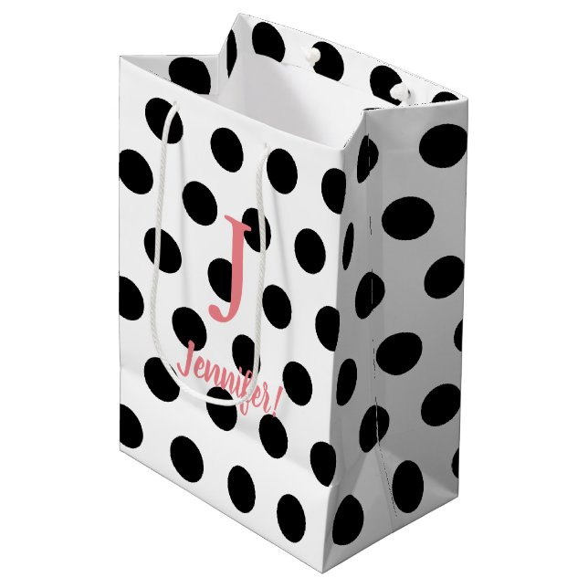 Black & White Polka Dot Pink Monogram Custom Name Medium Gift Bag (Front Angled)