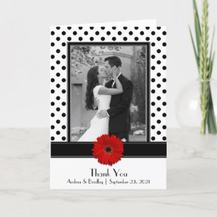 Black White Polka Dot Red Daisy Wedding Thank You Card