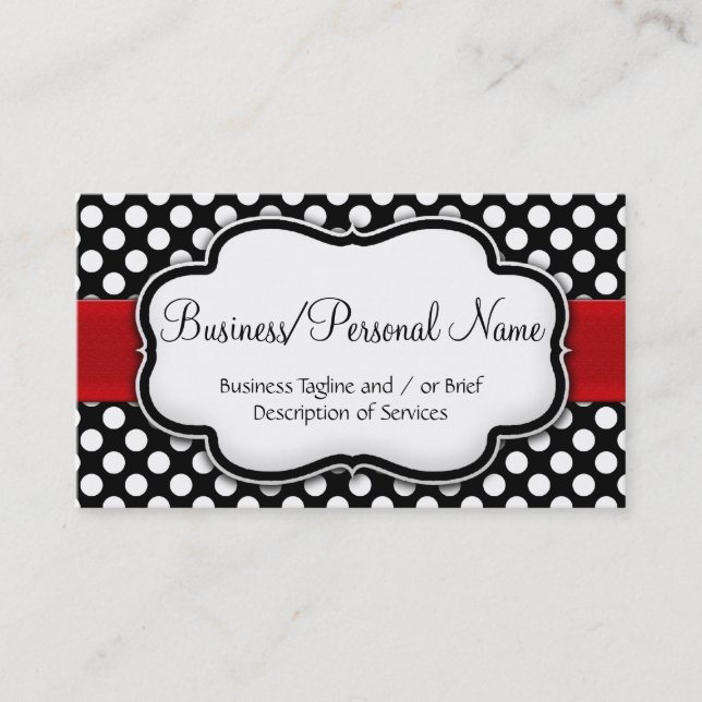 Black/White Polka Dot Red Ribbon Front/Back Business Card (Front)