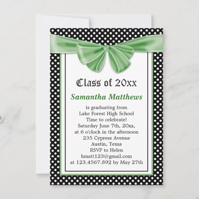Black white polka dot ribbon Graduation Invitation (Front)