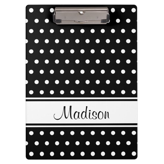 Black White Polka Dot Stripe Script Name Clipboard (Front)