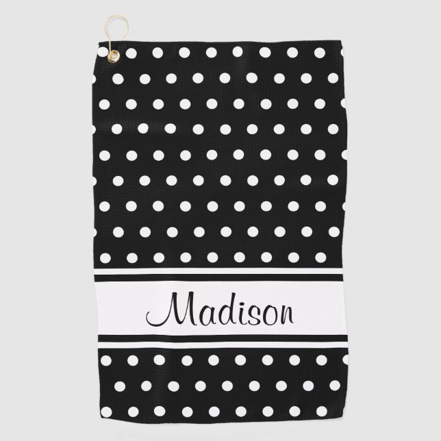 Black White Polka Dot Stripe Script Name Golf Towel (Front)