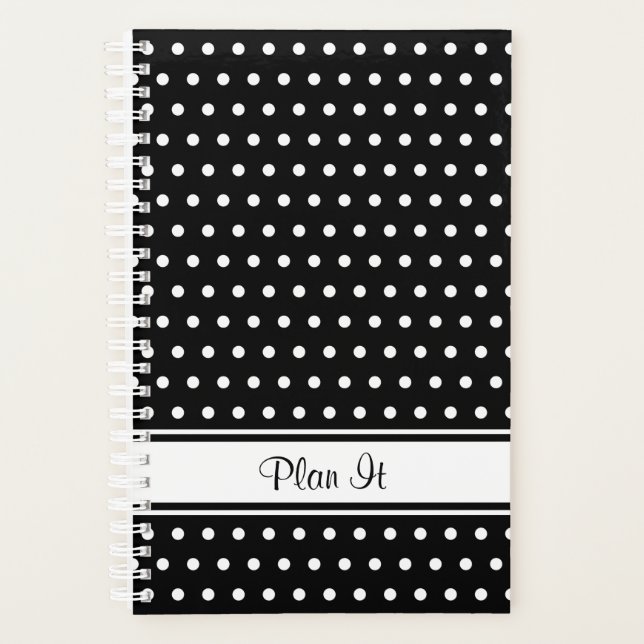Black White Polka Dot Stripe Script Text Planner (Front)