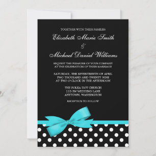Black White Polka Dot Teal Faux Bow Wedding Invitation