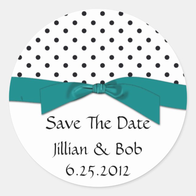 Black White Polka Dot Teal Ribbon Save The Date Classic Round Sticker (Front)