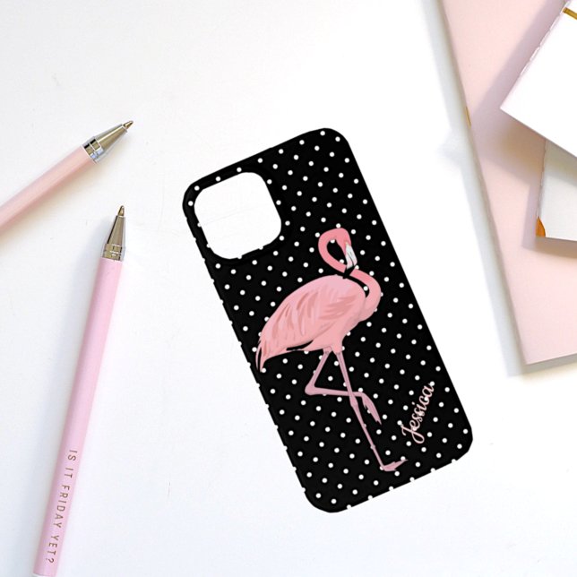 Black & White Polka Dot with Flamingo  Case-Mate iPhone Case (Creator Uploaded)