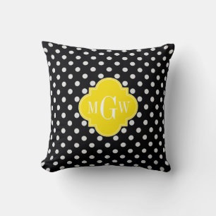 Black White Polka Dot Yellow Quatrefoil 3 Monogram Throw Pillow