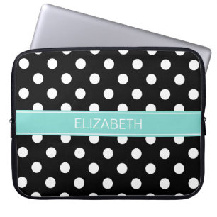 Black White Polka Dots #2 Turquoise Name Monogram Laptop Sleeve
