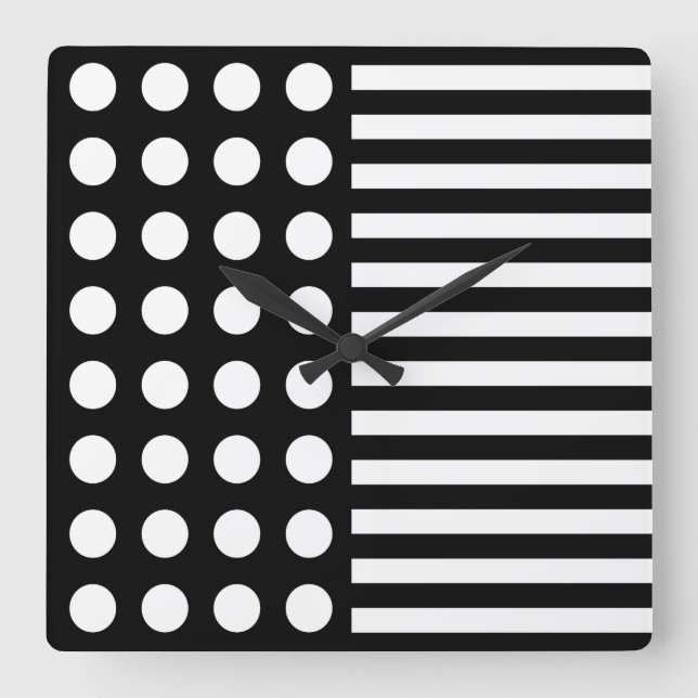 Black & White Polka Dots And Stripes Pattern Square Wall Clock (Front)