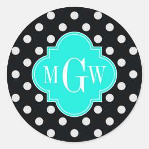 Black White Polka Dots Aqua Quatrefoil 3 Monogram Classic Round Sticker