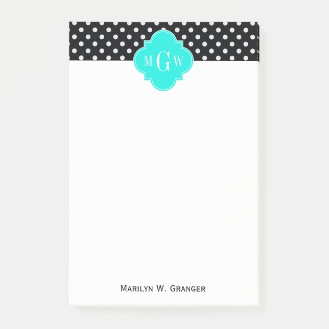 Black White Polka Dots Aqua Quatrefoil 3 Monogram Post-it Notes (Front)