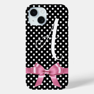 Black white polka dots bow personalize alphabet  iPhone 15 case