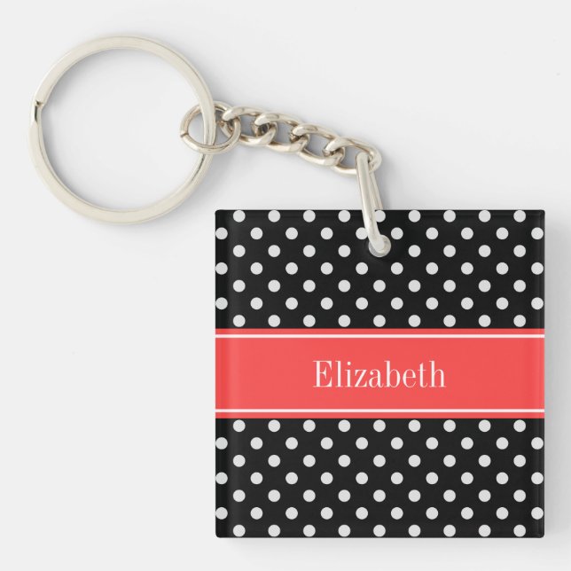 Black White Polka Dots Coral Red Name Monogram Keychain (Front)