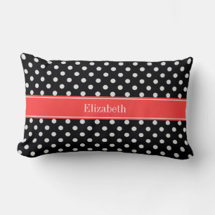 Black White Polka Dots Coral Red Name Monogram Lumbar Pillow